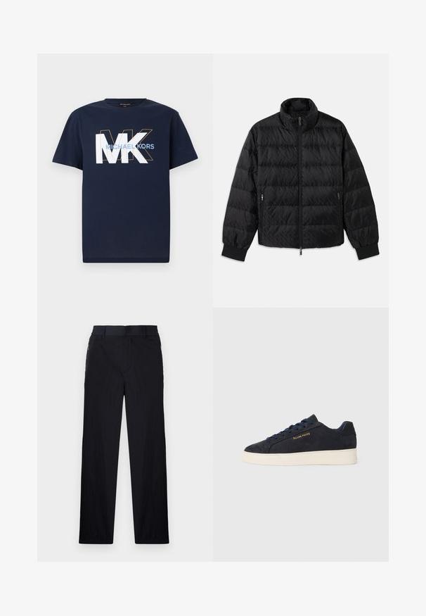 Mustmustähega kampsun, millel on kõrge kaelus, eesneediga lukk, mõlemal küljel lukuga küljetaskud ja elastsest materjalist paelad, valge taustal.; Tumesinine lühikeste varrukatega T-särk, millel on suured valged "MK" tähed oranži ääristusega ja "MICHAEL KORS" tekst helesinisena rinna kohal.; Mustad püksid, millel on kerge, tekstuuriga kangas, sirge jala disain, elastne vöökoht ja küljetaskud sipsiga.; Tumedat sinine seemisnahast madala profiiliga tennis, valge tossutald, tumesinised paelad ning küljes kuldne "Filling Pieces" logo.