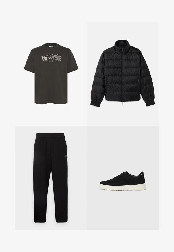 Mustat tikatut topatut takit, joissa on korkea kaulus, etuvetoketju, vetoketjulliset sivutaskut ja joustavat hihansuut valkoista taustaa vasten.; T-paita tummanharmaasta puuvillasta, jossa on suuri, tyylitelty "W"-logo ja ruutukuvio edessä. Lyhyet hihat ja pyöreä kaula-aukko.; Mustat tapered-housut joustavalla vyötäröllä ja pieni painettu logo vasemmassa yläreidessä.; Mustat mokkakengät nauhoilla ja kontrastivalkoisella kumipohjalla. Varustettu teksturoiduilla sivupaneeleilla ja huomaamattomalla brändäyksellä kantapäässä.