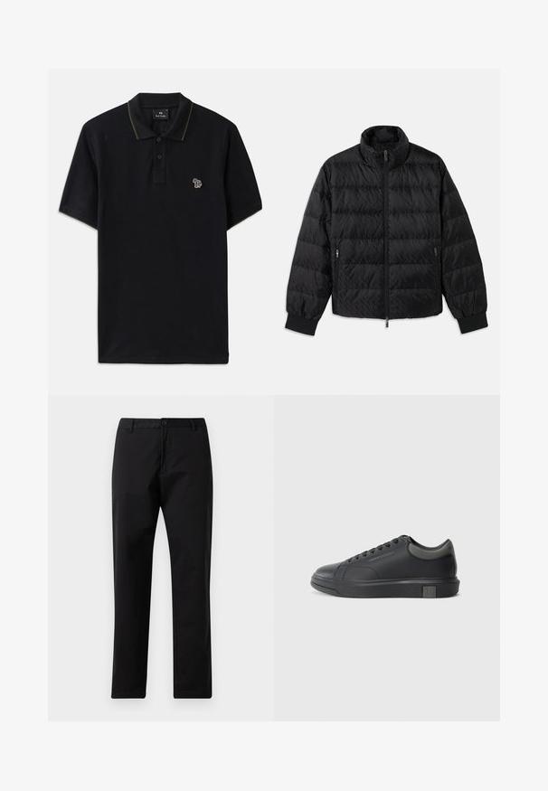 Črno podloženo quilted jopič s visokim ovratnikom, sprednjim zadrgo, zadrgo na stranskih žepih in elastičnimi manšetami na belem ozadju.; Črna polo majica iz bombaža z zelenim ovratnikom. Ima majhen barvit vezen oz. elefant na levem prsnem delu.; Črne trdne hlače z ravnimi nogami, z gumbom in zadrgo, z luknjami za pas in sprednjimi žepi, prikazane na belem ozadju.; Črne usnjene teniske s gladko površino, zaobljenim prstom in temno sivo akcenti. Imajo sistem vezanja in teksturiran gumijast podplat.