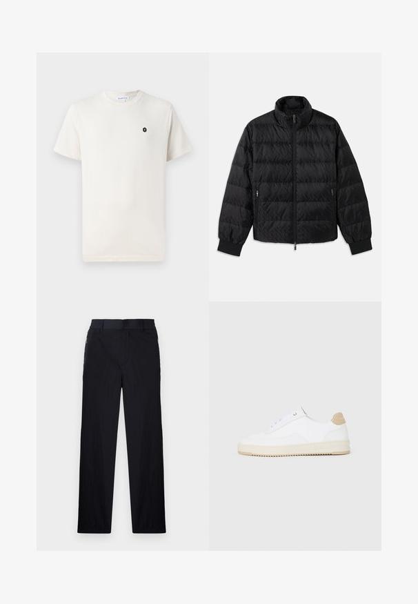 Zwarte gewatteerde jas met hoge kraag, voorrits, ritszakken aan de zijkanten en elastische manchetten op een witte achtergrond.; Crème katoenen T-shirt met korte mouwen, ronde halslijn en een klein zwart hexagonaal logo op de linkerkant van de borst. Glad textuur.; Zwarte broek van een lichtgewicht, gestructureerde stof, met een recht model, elastische Tailleband en zijzakken met rits.; Witte lage sneakers van textuurleer met een romige, ribbelige zool en een tankleurige hakaccent. Voorzien van witte veters en logodetail op de hak.
