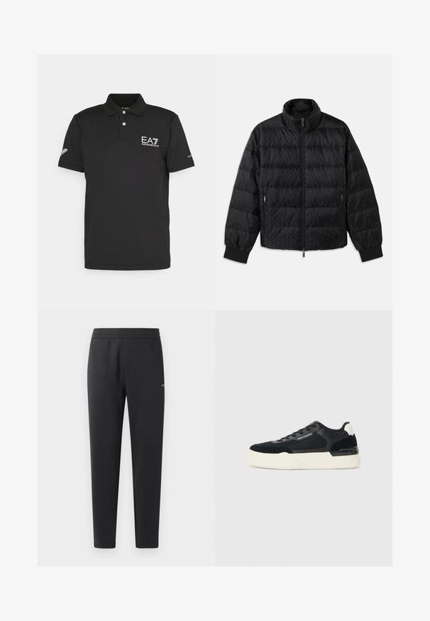 Casaco acolchoado preto com colarinho alto, fecho frontal, bolsos laterais com fecho e punhos elásticos sobre um fundo branco.; Polo preto feito de tecido suave, apresentando uma pala de dois botões, logotipo EA7 no peito e um design ventilado na manga.; Calças de treino pretas feitas de tecido suave, com um cós elástico, pernas retas e um pequeno detalhe de logotipo de um lado.; Sapata preta feita de malha e couro, apresentando uma sola branca grossa e detalhes contrastantes. Cadarços e detalhe do logótipo na lateral.