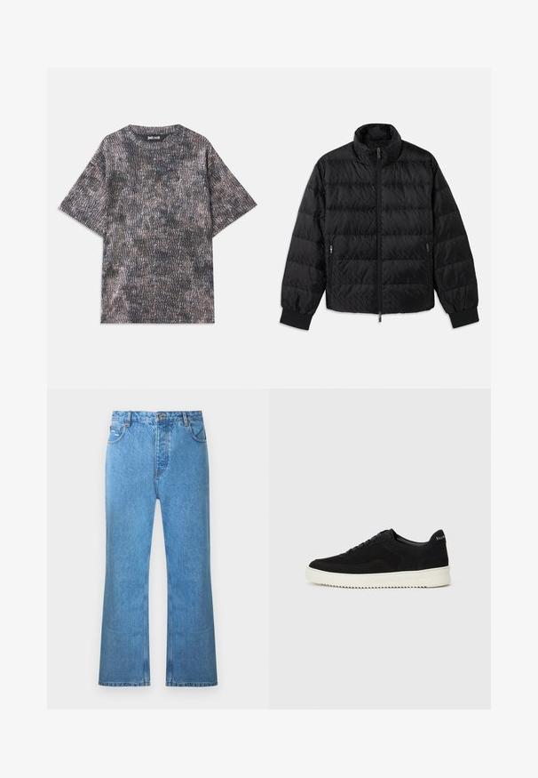 Svart, kviltet og polstret jakke med høy krage, glidelås foran, glidelåslommer på sidene, og elastiske mansjetter på hvit bakgrunn.; Grå T-skjorte med korte ermer som har et teksturert stoff og en helsorte trykk, med merkevaren synlig nær halslinjen.; Lyseblå denimvide bukser med høy midje, fem lommer og subtil falming. Har søm-detaljer og knappelukking.; Svart semsket sneakers med snøring og kontrasterende hvit gummisåle. Har teksturerte sidepaneler og subtil merkevare på hælen.