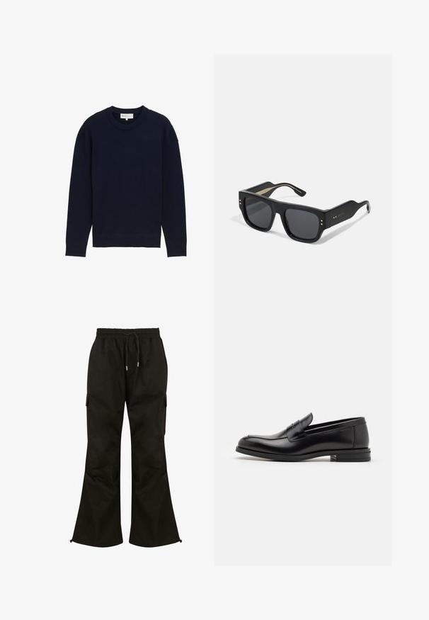 Niebieska dżinsowa kurtka o klasycznym wzorze, z kieszeniami na piersi, metalowymi guzikami i kontrastującym przeszyciem. Ustrukturyzowany kołnierz i dół.; Granatowy sweter z długim rękawem i okrągłym dekoltem, z prążkowanymi mankietami, prezentowany na jednolitym białym tle.; Czarne spodnie cargo o szerokim kroju, z elastycznym pasem, regulowanym sznurkiem i bocznymi kieszeniami. Wykonane z gładkiego, trwałego materiału.; Czarne skórzane mokasyny o gładkiej fakturze, zaokrąglonym nosku i dekoracyjnym pasku na przodzie. Niski, warstwowy obcas, minimalistyczny design.; Czarne okulary przeciwsłoneczne z grubymi, kwadratowymi plastikowymi oprawkami i przyciemnionymi soczewkami. Wyróżniają się złotymi akcentami na skroniach oraz matowym wykończeniem.