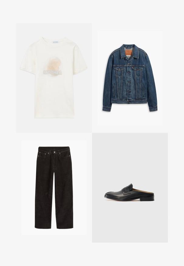 Niebieska dżinsowa kurtka o klasycznym wzorze, z kieszeniami na piersi, metalowymi guzikami i kontrastującym przeszyciem. Ustrukturyzowany kołnierz i dół.; Krótki rękaw t-shirt w kolorze off-white z wyblakłym okrągłym obrazem profilu dziecka i napisem "MOTHER" umieszczonym poniżej.; Czarne spodnie sztruksowe o prostych nogawkach, z zapięciem na guzik i zamek błyskawiczny oraz pięcioma kieszeniami.; Czarne skórzane buty wsuwane z okrągłym noskiem, niskim obcasem blokowym i przednim paskiem. Gładka faktura z subtelnym logo na pasku.