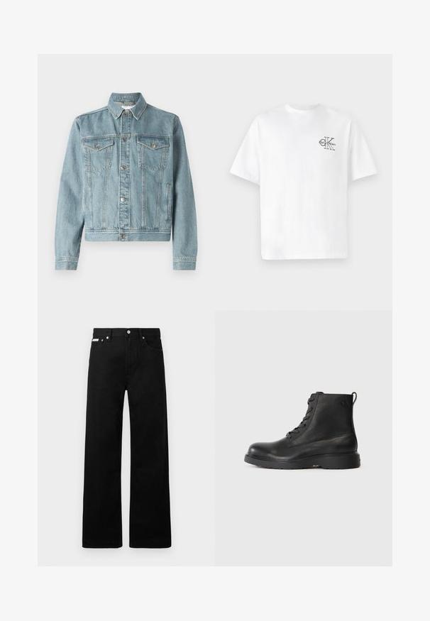 Jaqueta de denim azul claro com colarinho pontudo, dois bolsos no peito, botões prateados e um design cropped. Apresenta tecido texturizado e detalhes costurados.; T-shirt de algodão branco com mangas curtas, gola redonda, apresentando um logo CK preto na área do peito esquerdo, ajuste padrão, textura suave.; Calças de ganga pretas com um design de pernas largas, apresentando cinco bolsos e fechos metálicos. Textura suave, sem padrões visíveis.; Bota preta até ao tornozelo feita de couro texturizado, com bico redondo, design com atacadores e uma sola de borracha preta resistente. Apresenta um laço no calcanhar.