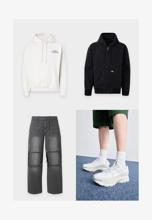 Zwarte hoodie met een rits aan de voorkant, een trekkoord en twee zijzakken. Voorzien van ribgebreide manchetten en taille, gemaakt van stevig materiaal, eenvoudig ontwerp.; Witte hoodie gemaakt van zacht materiaal met een voorste kangoeroezak, een capuchon met trekkoord en het "OBEY STUDIOS" logo in het zwart op de borst.; Grijze spijkerbroeken met een ontspannen pasvorm, voorzien van versleten kniematten, contrasterende stiksels en een klein logo aan de zijkant.; Witte sportieve schoenen met textuuroverlays, een dikke zool en grijze accenten. Draag ze met witte crew-sokken en groene shorts op een blauwe ondergrond.