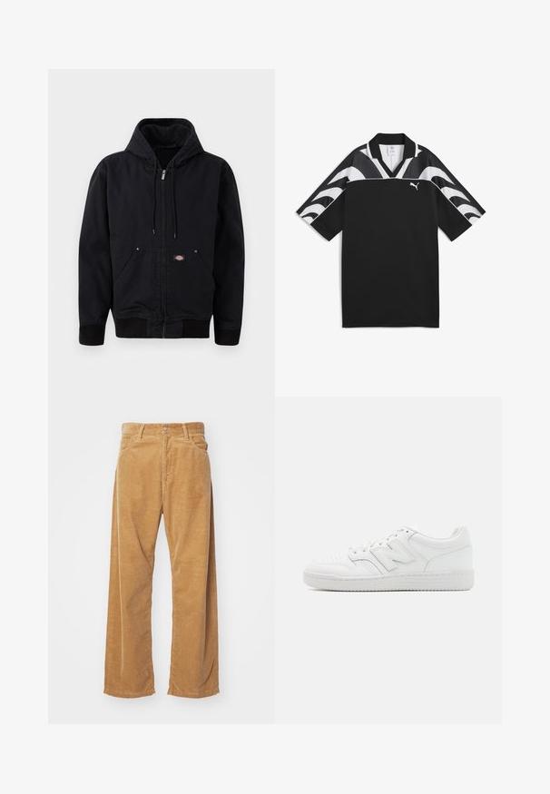 Giacca nera con cappuccio, chiusura frontale a zip, coulisse e due tasche laterali. Presenta polsini e vita a coste, realizzata in tessuto resistente, design semplice.; Maglietta sportiva nera con design a V, maniche corte e motivi a onda bianchi nella parte superiore. Presenta un piccolo logo bianco sul davanti.; Pantaloni a gamba larga in corduroy di colore beige. Presentano righe verticali testurizzate, una vita standard e due tasche frontali.; Sneaker bianco realizzato in pelle liscia, con punta perforata, suola in gomma testurizzata, lacci piatti e un prominente logo 'N' sul lato.