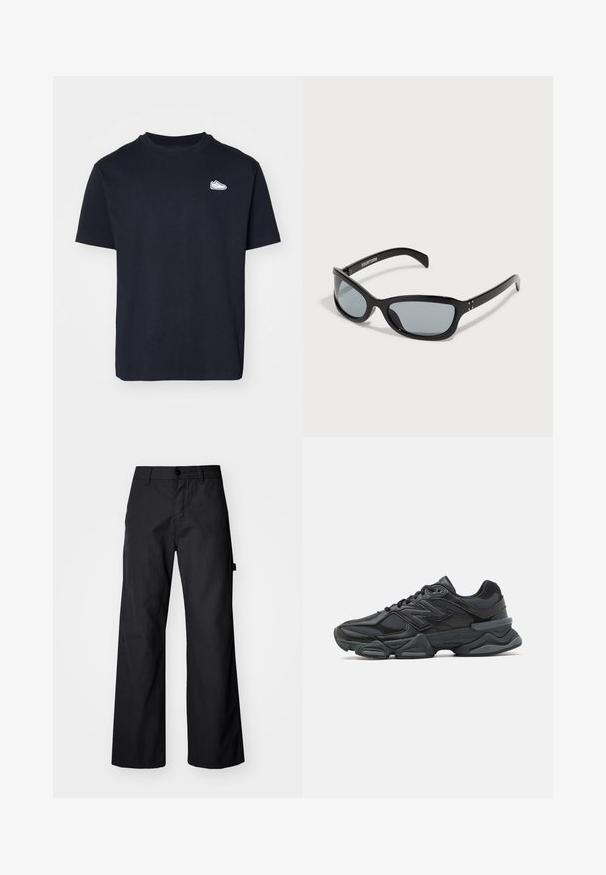 Casaco preto com capuz, fecho à frente, cordão ajustável e dois bolsos laterais. Apresenta punhos e cintura canelados, feito de um tecido durável, design simples.; T-shirt de algodão preta com mangas curtas, decote redondo e uma pequena imagem de ténis brancos no peito. Design simples sem padrões adicionais.; Calças largas pretas, feitas de um tecido durável. Apresenta um fecho de botão e bolsos laterais. Textura suave com um design limpo.; Sapato de corrida preto com uma combinação de malha e materiais sintéticos, sola robusta, design curvado e uma marca de destaque na lateral.; Óculos de sol pretos com um design elegante e angular. Apresenta lentes cinzas e armações de plástico brilhantes. Inclui pequenos detalhes em metal e marcação no braço.