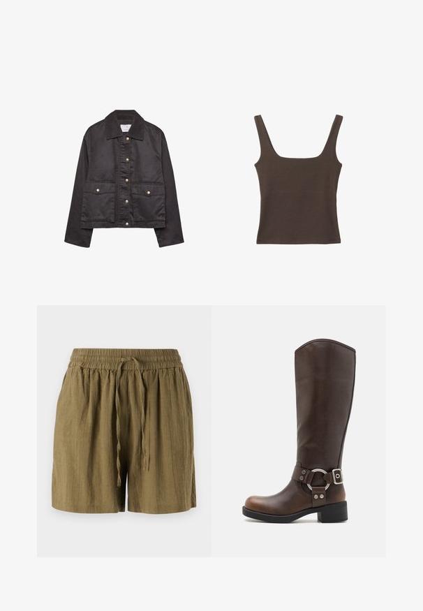 Svart skjorta med knapp-up krage av kordfloret, två framfickor med klaff och knappar, samt långa ärmar.; Brun ärmlös topp med fyrkantig halsringning, tillverkad av mjukt, elastiskt tyg. Har en figurnära design och plana sömmar.; Olivgrön pull-on shorts i lättviktig tyg, med elastisk midja och dragsko, samt avslappnad, lös passform.; Brun läderknähöga stövlar med en rund metalldetalj och spänne. Lätt texturerad överdel, staplad klack och rund tådesign.