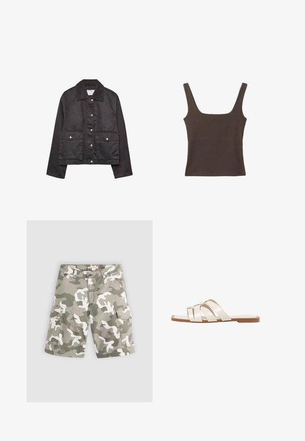 Czarna kurtka zapinana na guziki z kołnierzem z kordurowego materiału, dwie przednie kieszenie z klapkami i guzikami oraz długie rękawy.; Brązowa bezrękawnikowa bluzka o kwadratowym dekolcie, wykonana z miękkiego, elastycznego materiału. Posiada dopasowany krój i płaskie szwy.; Levi's® - Szorty jeansowe; Płaskie sandały z brązową gumową podeszwą, zaprojektowane z trzema nakładającymi się na siebie białymi skórzanymi paskami i małym detalem w postaci kokardy na środku.
