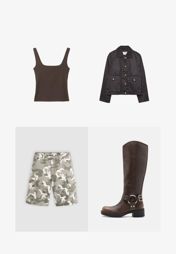 Giacca nera con colletto in corduroy, due tasche frontali con pattina e bottoni, e maniche lunghe.; Top senza maniche marrone con scollo quadrato, realizzato in tessuto morbido ed elastico. Presenta un design aderente e cuciture piatte.; Levi's® BAGGY DAD CARGO SHORT - Shorts di jeans - bader camo agate gray; Stivale alto in pelle marrone con accento in metallo rotondo e fibbia. Parte superiore leggermente texturizzata, tacco impilato e design a punta rotonda.