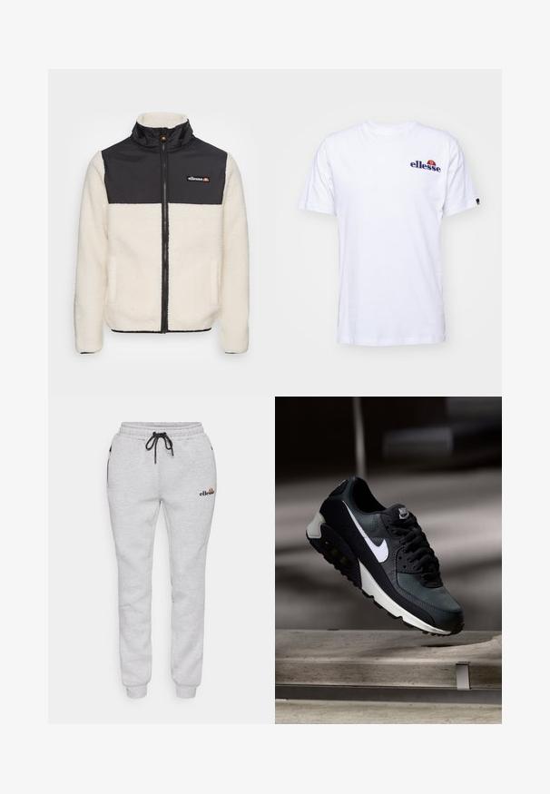 Fleece jaka ar krēmkrāsas korpusu un melnu neilona augšdaļu. Aprīkota ar augstu apkakli, priekšējo rāvējslēdzēju un divām sānu kabatām. Logo uz krūtīm.; Balta kokvilnas T-krekls ar īsām piedurknēm, kas rotāts ar tumši zilā krāsā izšūtu logo uz kreisās krūtis un dzīvīgu krāsu akcentu virs logo.; Pelēkas sporta bikses, kas izgatavotas no kokvilnas maisījuma, ar elastīgu jostu un auklu, sānu kabatām un izšūtu logo uz augšstilba.; Melnas un zaļas kedas ar rakstainu sieta augšdaļu, baltu swoosh logo, mīkstu apkakli un redzamu gaisa amortizācijas elementu zolē.