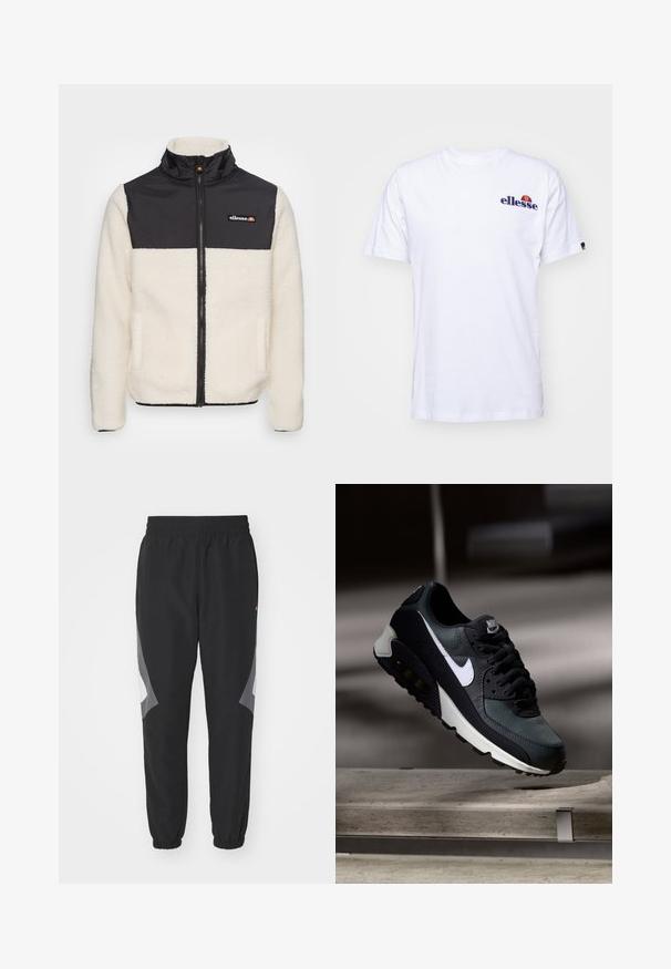 Fleecejacke mit cremefarbenem Körper und schwarzem Nylon-Oberteil. Sie verfügt über einen hohen Kragen, einen Frontreißverschluss und zwei Seitentaschen. Logo auf der Brust.; Weißes Baumwoll-T-Shirt mit kurzen Ärmeln, das ein marineblaues gesticktes Logo auf der linken Brust und einen lebhaften Farbakzent über dem Logo präsentiert.; Schwarze Jogginghosen mit elastischem Bund, schmal zulaufenden Bündchen und grauen Panelakzenten an den Seiten. Hergestellt aus leichtem Material, das eine entspannte Passform bietet.; Schwarze und grüne Sneakers mit einem gemusterten Mesh-Obermaterial, weißem Swoosh-Logo, gepolstertem Kragen und einer sichtbaren Luftpolsterung in der Sohle.