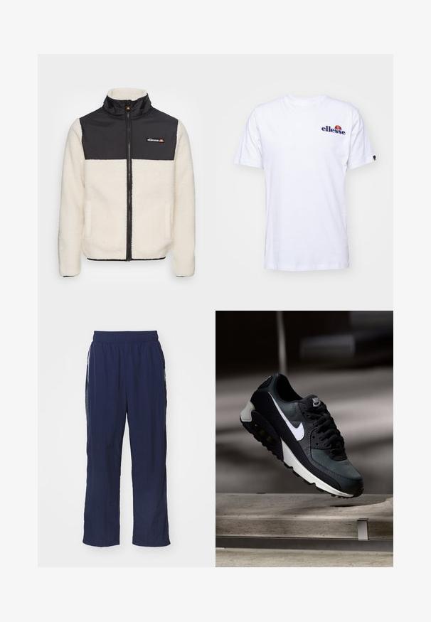 Fleecejakke med cremet krop og sort nylonoverdel. Har en høj krave, frontlynlås og to sidelommer. Logo på brystet.; Hvid bomulds t-shirt med korte ærmer, prydet med et marineblåt broderet logo på venstre bryst og en farverig accent over logoet.; Marineblå letvægtsbukser med elastisk talje, afslappet pasform, sidelommer og kontrasterende hvide striber langs siderne.; Sort og grøn sneaker med et mønstret mesh-overdel, hvid swoosh-logo, polstret krave og en synlig luftdæmpningsenhed i sålen.