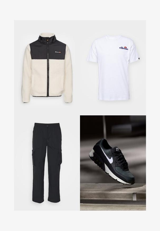 Fleece jakna s krem telesom in črnim najlonskim zgornjim delom. Ima visok ovratnik, sprednji zadrgo in dve stranski žepi. Logotip na prsih.; Bela bombažna majica s kratkimi rokavi, ki ima na levi strani prsnega dela vezeno logotip v mornarsko modri barvi, nad logotipom pa živahen barvni poudarek.; Črne cargo hlače iz tkanine. Imajo nastavljiv pas, stranske žepe in dva utilitarna žepa z zadrgama.; Črne in zelene športne copate z vzorčasto mrežasto zgornjo obutvijo, belim swoosh logotipom, oblazinjenim ovratnikom in vidno enoto z zračnim blaženjem v podplatu.