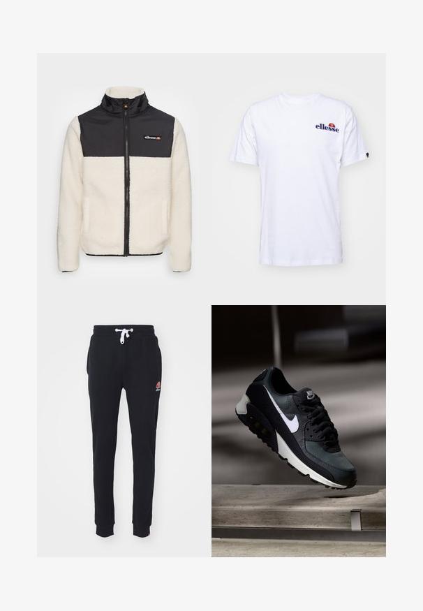 Fleece jaka ar krēmkrāsas korpusu un melnu neilona augšdaļu. Aprīkota ar augstu apkakli, priekšējo rāvējslēdzēju un divām sānu kabatām. Logo uz krūtīm.; Balta kokvilnas T-krekls ar īsām piedurknēm, kas rotāts ar tumši zilā krāsā izšūtu logo uz kreisās krūtis un dzīvīgu krāsu akcentu virs logo.; Melnas sporta bikses ar mīkstu tekstūru, elastīgu jostu, regulējamu auklu, sānu kabatām un mazu krāsainu logo uz labā gurna.; Melnas un zaļas kedas ar rakstainu sieta augšdaļu, baltu swoosh logo, mīkstu apkakli un redzamu gaisa amortizācijas elementu zolē.