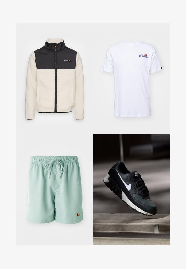 Fleece bunda s krémovým telom a čiernym nylonovým vrchom. Obsahuje vysoký golier, predný zips a dve bočné vrecká. Logo na hrudi.; Biela bavlnená tričko s krátkymi rukávmi, na ľavej hrudi s námornícko modrým vyšitým logom a živou farebnou akcentáciou nad logom.; Svetlozelené plavky s elastickým pásom a šnúrkou, s malým vyšitým logom v pravom dolnom rohu. Hladká textura.; Čierne a zelené tenisky s vzorovaným sieťovaným zvrškom, bielym logom Swoosh, polstrovaným golierom a viditeľnou vzduchovou tlmiacou jednotkou v podrážke.