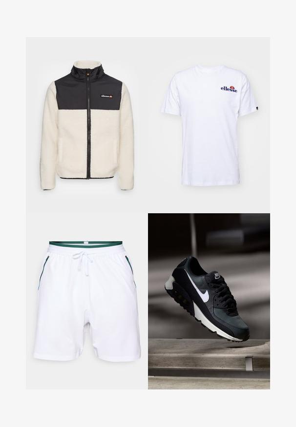 Chaqueta de forro polar con cuerpo crema y parte superior de nylon negro. Presenta un cuello alto, cremallera frontal y dos bolsillos laterales. Logo en el pecho.; Camiseta de algodón blanca de mangas cortas, con un logo bordado en azul marino en el lado izquierdo del pecho y un acento de color vibrante por encima del logo.; Pantalones cortos deportivos blancos con una cinturilla a rayas verdes, bolsillos con cremallera azul en contraste y una textura suave. Diseño de corte regular.; Zapatilla negra y verde con una parte superior de malla con diseño, logotipo Swoosh blanco, cuello acolchado y una unidad de amortiguación de aire visible en la suela.