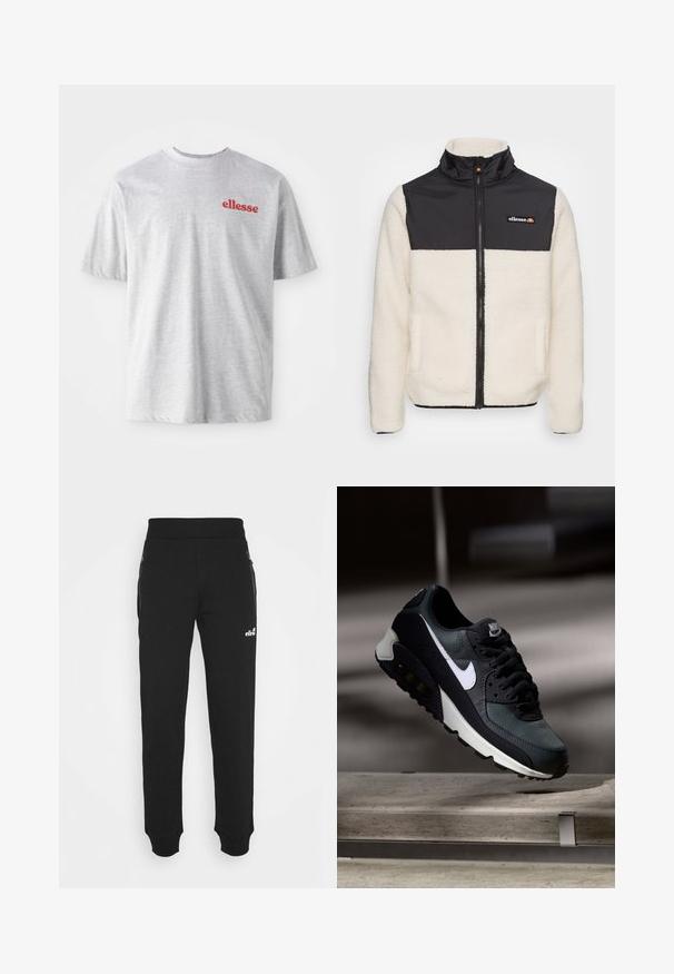 Casaco de fleece com corpo creme e parte superior de nylon preto. Apresenta um colarinho alto, fecho frontal e dois bolsos laterais. Logótipo no peito.; T-shirt de algodão cinza com gola redonda e mangas curtas. Apresenta um logotipo vermelho "ellesse" no lado esquerdo do peito. Textura suave, design casual.; Calças de treino pretas, feitas de um tecido suave, apresentam um design de perna afunilada, cintura elástica, pockets laterais com fechos éclair, e um pequeno logótipo como detalhe.; Sapatilhas pretas e verdes com um upper de malha padrão, logotipo swoosh branco, colarinho almofadado e uma unidade de amortecimento de ar visível na sola.