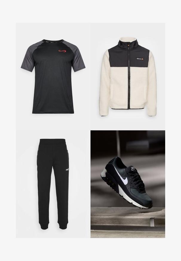 Fleece jacket with cream body and black nylon upper. Features a high collar, front zipper, and two side pockets. Logo on chest.; Black short-sleeve athletic shirt with gray mesh sleeves and a red logo on the chest, featuring a fitted design and moisture-wicking fabric.; Black sweatpants made of soft fabric feature a tapered leg design, elastic waistband, side pockets with zippers, and a small logo accent.; Black and green sneaker with a patterned mesh upper, white swoosh logo, padded collar, and a visible air cushioning unit in the sole.