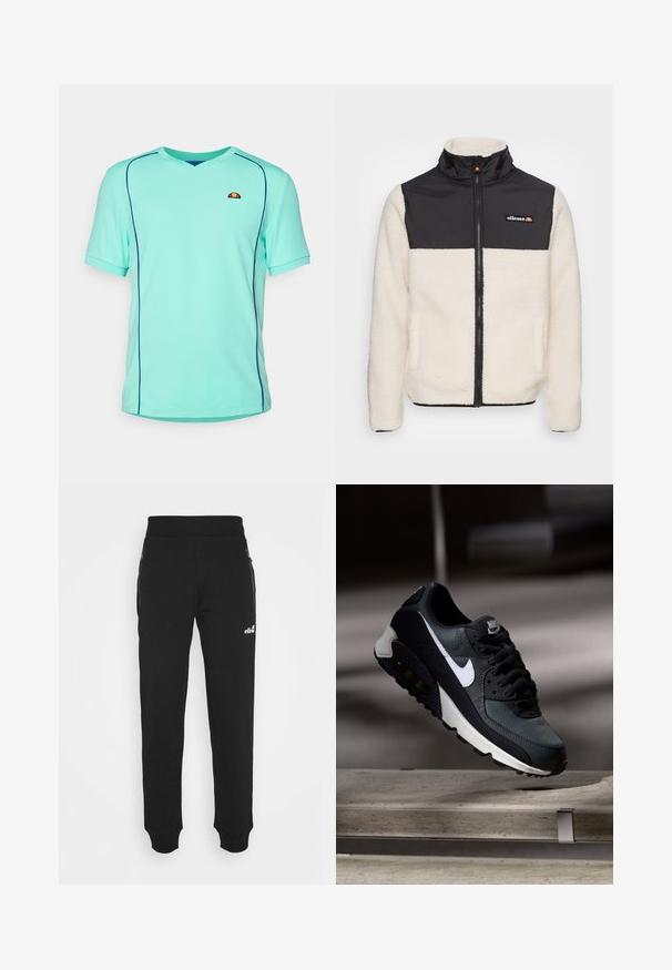 Fleece bunda s krémovým tělem a černým nylonovým horním dílem. Vybavena vysokým límcem, předním zipem a dvěma bočními kapsami. Logo na hrudi.; Tyrkysové sportovní tričko s krátkými rukávy a výstřihem do V. Obsahuje kontrastní modrou nit a malé logo na hrudi. Texturovaná tkanina.; Černé tepláky vyrobené z měkké tkaniny mají zúžený střih nohavic, elastický pas, boční kapsy na zip a malou logovou akcentaci.; Černá a zelená teniska s vzorovaným síťovaným svrškem, bílým logem Swoosh, polstrovaným límcem a viditelnou vzduchovou odpruženou jednotkou v podrážce.