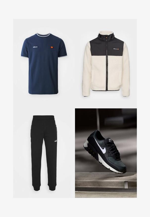 Fleece jacket with cream body and black nylon upper. Features a high collar, front zipper, and two side pockets. Logo on chest.; Ellesse BELVIDER TEE - Print T-shirt - navy; Black sweatpants made of soft fabric feature a tapered leg design, elastic waistband, side pockets with zippers, and a small logo accent.; Black and green sneaker with a patterned mesh upper, white swoosh logo, padded collar, and a visible air cushioning unit in the sole.