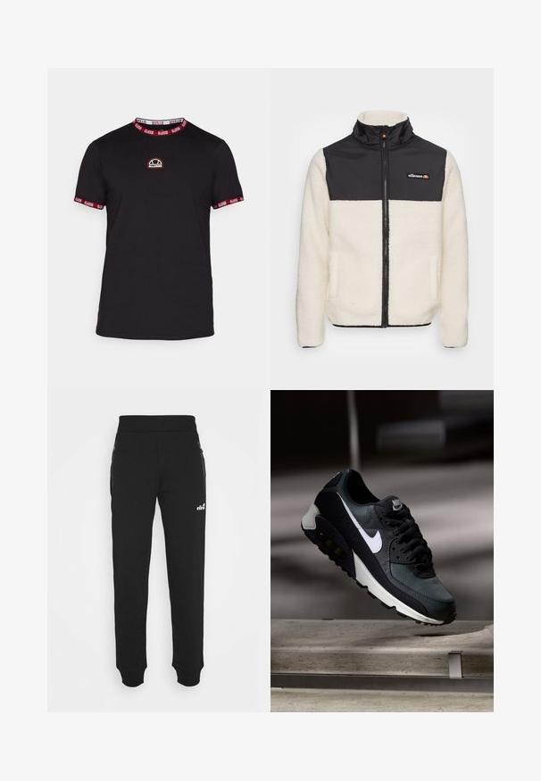 Casaco de fleece com corpo creme e parte superior de nylon preto. Apresenta um colarinho alto, fecho frontal e dois bolsos laterais. Logótipo no peito.; T-shirt preta de mangas curtas com gola e punhos às riscas vermelha e branca. Apresenta um pequeno logo bordado no peito. Material em algodão macio.; Calças de treino pretas, feitas de um tecido suave, apresentam um design de perna afunilada, cintura elástica, pockets laterais com fechos éclair, e um pequeno logótipo como detalhe.; Sapatilhas pretas e verdes com um upper de malha padrão, logotipo swoosh branco, colarinho almofadado e uma unidade de amortecimento de ar visível na sola.