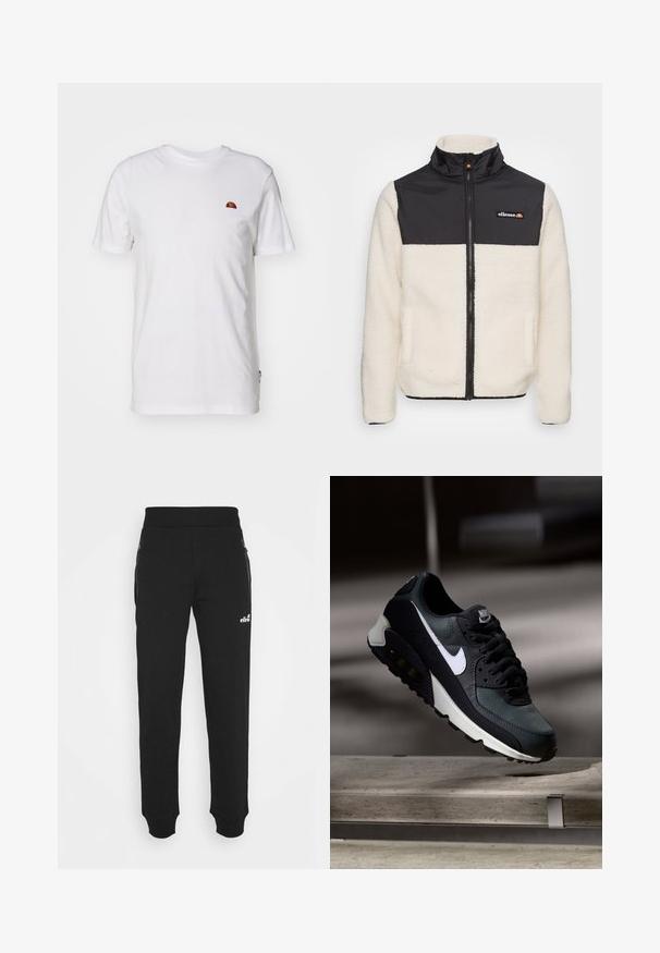 Casaco de fleece com corpo creme e parte superior de nylon preto. Apresenta um colarinho alto, fecho frontal e dois bolsos laterais. Logótipo no peito.; T-shirt branca de algodão com mangas curtas e decote redondo. Apresenta um pequeno logotipo colorido na área esquerda do peito. Textura suave.; Calças de treino pretas, feitas de um tecido suave, apresentam um design de perna afunilada, cintura elástica, pockets laterais com fechos éclair, e um pequeno logótipo como detalhe.; Sapatilhas pretas e verdes com um upper de malha padrão, logotipo swoosh branco, colarinho almofadado e uma unidade de amortecimento de ar visível na sola.