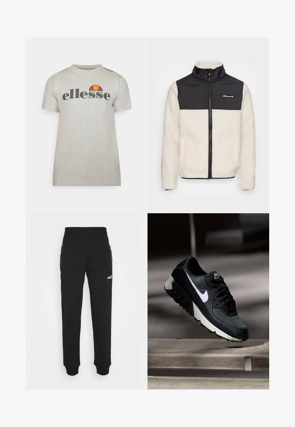 Chaqueta de forro polar con cuerpo crema y parte superior de nylon negro. Presenta un cuello alto, cremallera frontal y dos bolsillos laterales. Logo en el pecho.; Camiseta de manga corta gris de algodón con escote redondo. Presenta un logo negro "ellesse" y un acento de color en naranja y rojo encima del logo.; Pantalones de chándal negros hechos de una tela suave que cuentan con un diseño de pierna ajustada, cintura elástica, bolsillos laterales con cremalleras y un pequeño logo de acento.; Zapatilla negra y verde con una parte superior de malla con diseño, logotipo Swoosh blanco, cuello acolchado y una unidad de amortiguación de aire visible en la suela.