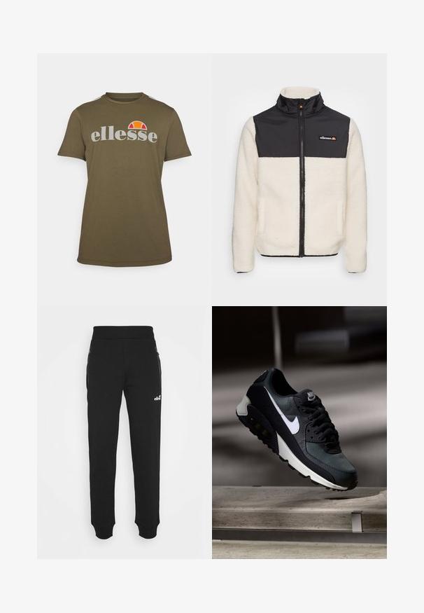 Fleece jaka ar krēmkrāsas korpusu un melnu neilona augšdaļu. Aprīkota ar augstu apkakli, priekšējo rāvējslēdzēju un divām sānu kabatām. Logo uz krūtīm.; Oliņzaļš īsām piedurknēm t-krekls, izgatavots no kokvilnas, ar apaļu kakla izgriezumu. Iezīmēts ar "ellesse" logo pelēkā krāsā un daudzkrāsainu saules dizainu virs tā.; Melnas sporta bikses, kas izgatavotas no mīkstas auduma, piedāvā sašaurinātu kāju dizainu, elastīgu jostasvietu, sānu kabatas ar rāvējslēdzējiem un mazu logo akcentu.; Melnas un zaļas kedas ar rakstainu sieta augšdaļu, baltu swoosh logo, mīkstu apkakli un redzamu gaisa amortizācijas elementu zolē.