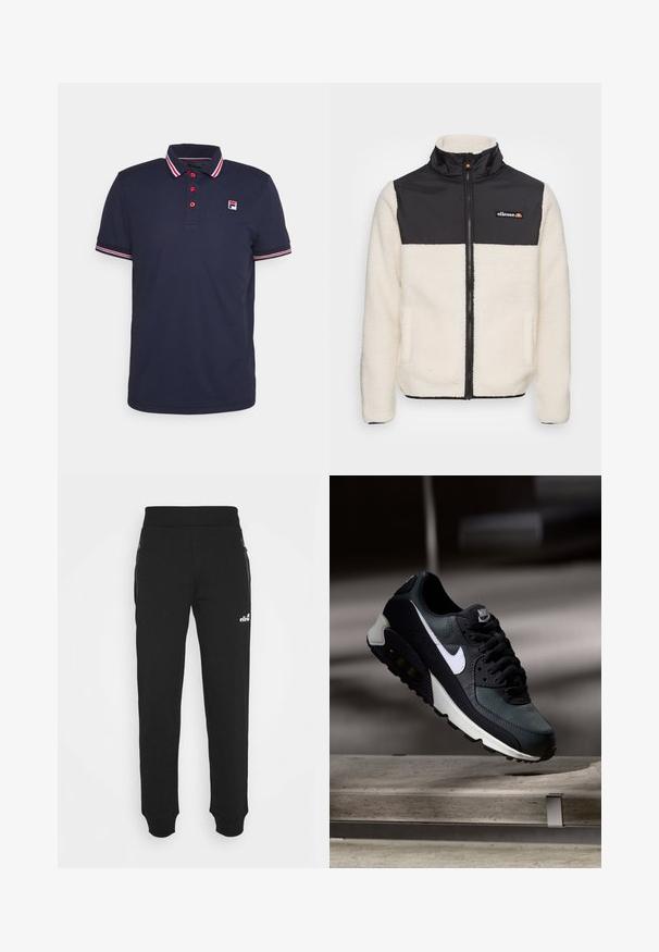 Fleece jacket with cream body and black nylon upper. Features a high collar, front zipper, and two side pockets. Logo on chest.; Navy polo shirt made from cotton, featuring a three-button placket, red accent buttons, and striped ribbed collar and cuffs. LOGO on left chest.; Black sweatpants made of soft fabric feature a tapered leg design, elastic waistband, side pockets with zippers, and a small logo accent.; Black and green sneaker with a patterned mesh upper, white swoosh logo, padded collar, and a visible air cushioning unit in the sole.