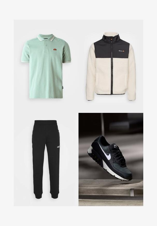 Fleece jacket with cream body and black nylon upper. Features a high collar, front zipper, and two side pockets. Logo on chest.; Light green polo shirt made of cotton, featuring a ribbed collar with red and white stripes, three-button placket, and a small logo on the chest.; Black sweatpants made of soft fabric feature a tapered leg design, elastic waistband, side pockets with zippers, and a small logo accent.; Black and green sneaker with a patterned mesh upper, white swoosh logo, padded collar, and a visible air cushioning unit in the sole.