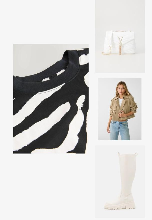 Stradivarius SMART FLOWING - Ljetna jakna - khaki; Crna majica kratkih rukava s bijelim uzorkom zebre, izrađena od glatke pamučne tkanine s okruglim izrezom i prošivenim rubovima.; Čizmice od bijele gume do koljena s debelim potplatom i bočnim elastičnim panelima. Imaju hvataljke na vrhu za lakše oblačenje. Glatka tekstura.; Bijela torbica sa kvadratnim uzorkom, s preklopom, zlatnim lancem kao trakom za nošenje, i posebnom zlatnom opremom koja sadrži naglasak u obliku "V" i detalj s resicama.