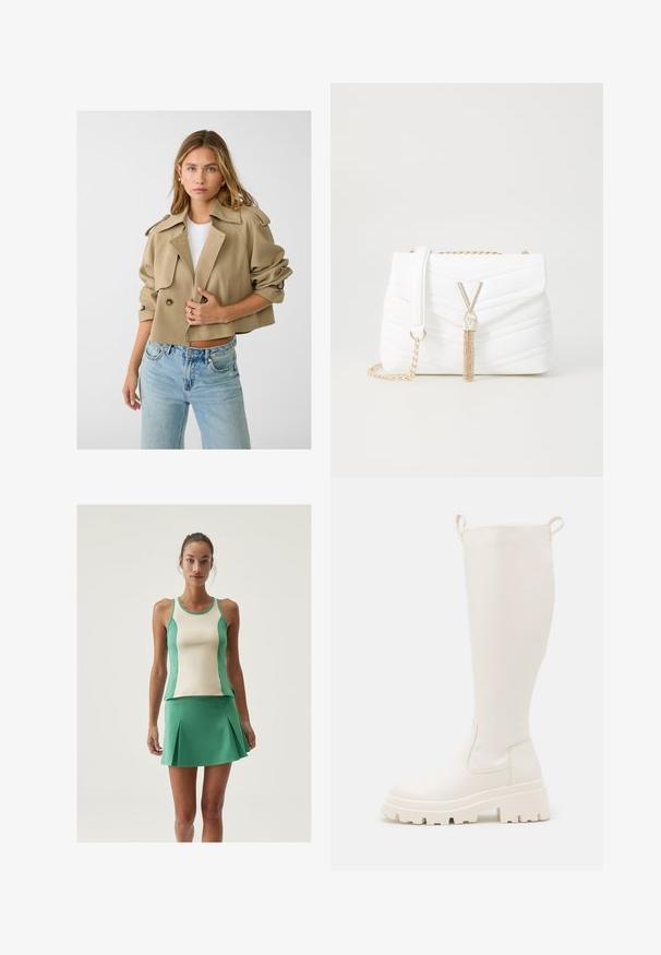 Stradivarius SMART FLOWING  - Tunn jacka - khaki; Vit långärmad topp gjord av mjukt, slätt tyg. Har rund halsringning och smal passform med minimala sömnadsdetaljer.; Grön och krämfärgad sporttopp med tunna axelband, kombinerad med en matchande grön plisserad kjol. Slät textur, figurnära design.; Knee-high vita gummistövlar med en kraftig sula och elastiska sidor. Har dragremmar på toppen för enklare påtagning. Slät yta.; Vit vadderad handväska med vikbar lock, guldkedjespänne och distinkt guldfärgade detaljer med ett "V"-accent och fransdetalj.