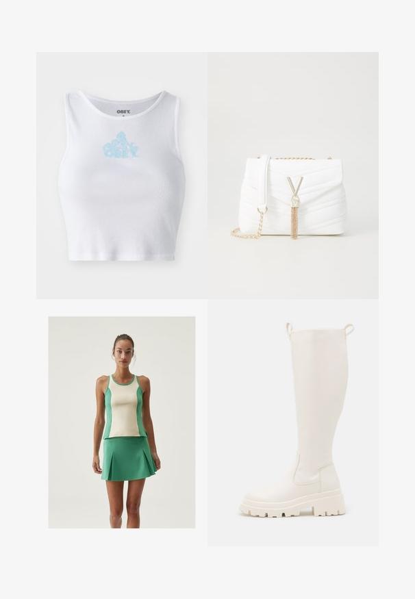 Stradivarius SMART FLOWING - Lehká bunda - khaki; Bílý žebrovaný crop top s kulatým výstřihem a světle modrým logem "OBEY" umístěným na hrudi. Hladká textura a přiléhavý střih.; Zelený a krémový sportovní top na tenké ramínka, spárovaný s odpovídající zelenou plisovanou sukní. Hladká textura, přiléhavý design.; Bílé gumové holínky do výše kolen s robustní podrážkou a elastickými panely po bocích. Obsahují poutka na vrcholu pro snadnější obouvání. Hladký povrch.; Bílá prošívaná kabelka s překlopným víkem, zlatým řetízkem a charakteristickými zlatými doplňky s akcentem ve tvaru "V" a detailem v podobě třásně.
