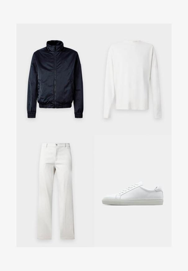 Granatowa kurtka bombowca wykonana z gładkiego, lekkiego materiału, z zamkiem z przodu, wysokim kołnierzem, elastycznymi mankietami i pasem.; Biała, bawełniana koszula z długim rękawem, okrągłym dekoltem, bocznymi rozcięciami na dole oraz gładką fakturą, wyeksponowana z tyłu.; Jasnoszare spodnie o prostym kroju nogawki, wykonane z gładkiego materiału, z zapięciem na przedni guzik i bocznymi kieszeniami.; Białe sneakersy z gładką skórzaną cholewką i niskim profilem. Posiadają okrągły nos, sześć dziurek na sznurówki oraz teksturowaną gumową podeszwę.