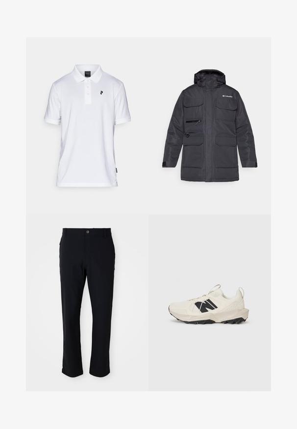 Schwarze Winterjacke mit Kapuze, mehreren vorderen Taschen und einer mit Reißverschluss geschlossenen Brusttasche. Hergestellt aus robustem, wasserabweisendem Material.; Weißes Polohemd aus glattem Stoff mit einer Knopfleiste mit drei Knöpfen und einem kleinen schwarzen Logo auf der linken Brust. Kurze Ärmel, klassische Passform.; Schwarze Hose mit Knopfverschluss, geradem Bein, glatter Textur und seitlichen Taschen, geeignet für verschiedene Anlässe.; Helle beige Sneaker mit einem Obermaterial aus Mesh, schwarzem Logo und strukturiertem Sohle. Akzentuiert mit einem geometrischen Muster auf der Zwischensohle.