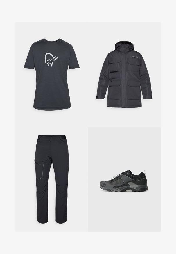 Juodas žiemos švarkas su kapišonu, keliais priekiniais kišenėmis ir užtrauktuku užsegama krūtine kišene. Pagamintas iš patvarios, vandeniui atsparios medžiagos.; Tamsiai pilkas trumpomis rankovėmis marškinėliai, papuošti baltu profilio veido grafiku. Pagaminti iš minkštos, tekstūruotos medžiagos su apvaliu kraštu.; Juodos lauko kelnės su užtrauktuku šlaunies kišenėje, elastinga juosmeniu ir lygiu, vandens nepraleidžiančiu audiniu. Tinkama dizaino forma be matomų logotipų.; Juodas bėgimo trail avalynė su patvariu tinkleliu, sustiprinta pado dalimi, tekstūruotu gumuotu padu ir elastingu raištelių sistema, užtikrinančia tvirtą prigludimą.