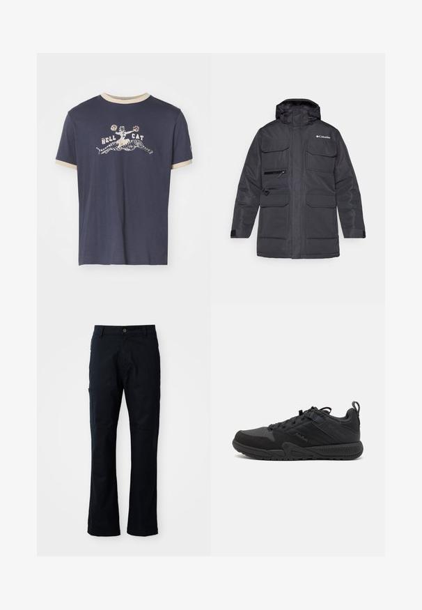 Fekete téli kabát, kapucnival, több elülső zsebbel és cipzáras mellzsebbel. Tartós, vízlepergető anyagból készült.; Tengerészeti pamut póló, világos bézs bordás kerek nyakkal és rövid ujjakkal, egy tigrisen álló szurkoló grafikájával.; Sötét tengerészkék, pamut keverékből készült nadrág, egyenes fazonnal, cipzáras oldalsó zsebbel és diszkrét varrási részletekkel.; Fekete sportcipő, hálós és velúr felsőrésszel, megerősített területekkel, kerek orral, texturált talppal és megerősített húzópánttal a sarkán.