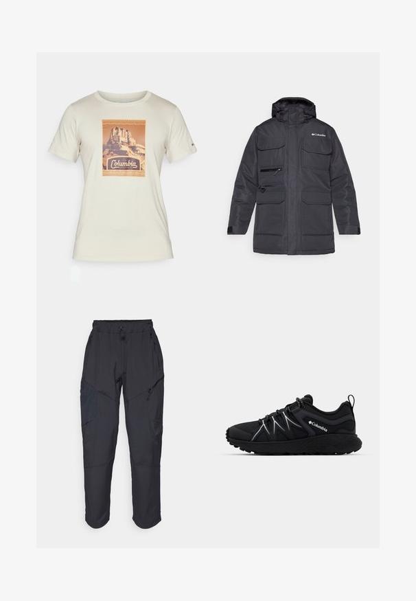 Melnas ziemas jaka ar kapuci, vairākiem priekšējiem kabatām un rāvējslēdzēja krūšu kabatu. Izgatavota no izturīga, ūdensnecaurlaidīga materiāla.; Columbia CSC™ SEASONAL LOGO TEE - Apdrukāts T-krekls - cognac; Melnas kravas bikses, izgatavotas no viegla, ūdens izturīga materiāla; ar elastīgu jostasvietu, vairākiem kabatām ar rāvējslēdzējiem un sašaurinātiem ievedumiem.; Melna sporta apavi ar teksturētu režģa augšdaļu, atstarojošiem akcentiem, biezu gumijas zoli un elastīgām saitēm. Columbia logotips redzams sānos.