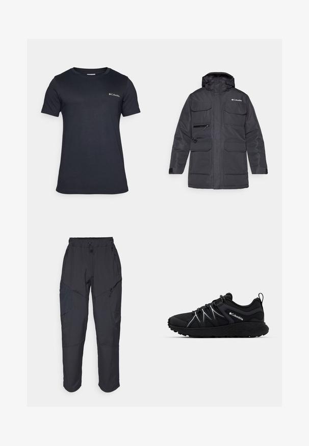 Juodas žiemos švarkas su kapišonu, keliais priekiniais kišenėmis ir užtrauktuku užsegama krūtine kišene. Pagamintas iš patvarios, vandeniui atsparios medžiagos.; Columbia RAPID RIDGE™ BACK GRAPHIC TEE - Marškinėliai su spaudiniu - black; Juodos krovinių kelnės, pagamintos iš lengvos, vandeniui atsparios medžiagos; turi elastingą juosmenį, kelis užtrauktukais uždaromus kišenes ir siaurėjančius šonus.; Juodas sportinis batelis su tekstūruota tinklo viršutine dalimi, atspindinčiais akcentais, storu guminiu padu ir elastinėmis raištelėmis. Columbia logotipas matomas šone.