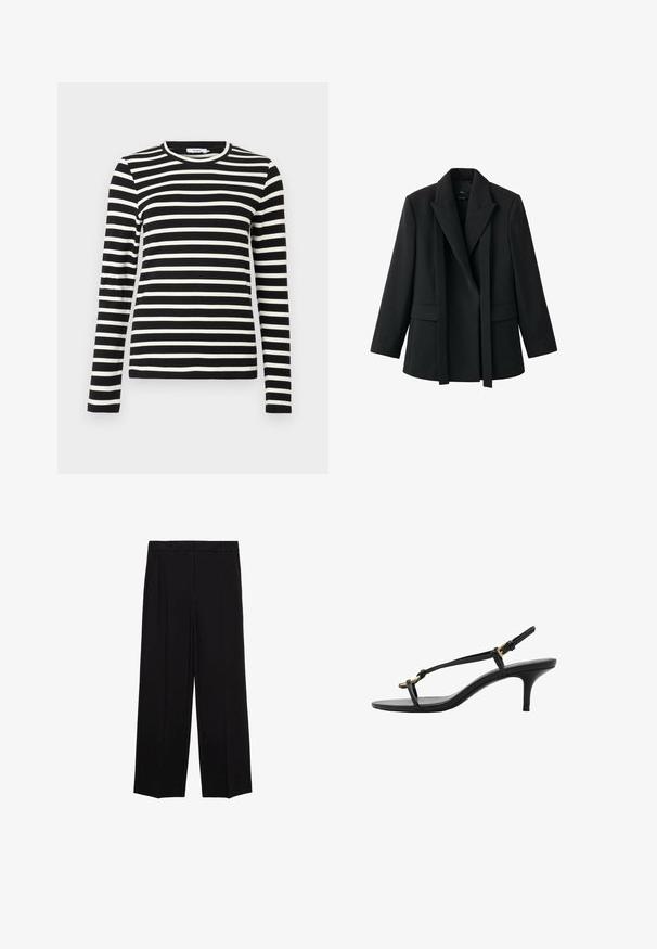 Schwarzer Blazer mit klarer Schnittführung, Schalkragen, offenem Vorderteil und zwei Vorderentaschen. Hergestellt aus glattem Stoff mit figurbetontem Schnitt.; Schwarz-weiß gestreiftes Langarmshirt mit rundem Halsausschnitt, aus weichem Stoff, mit gleichmäßigen horizontalen Streifen und regulärer Passform.; Schwarze weit geschnittene Hosen aus glattem Stoff, mit Falten an der Vorderseite und seitlichen Taschen, entworfen in einem geraden, lässigen Schnitt.; Schwarze Leder-Kitten-Heel-Sandale mit dünnen Riemen, goldener Schnalle und minimalistischer Zehen-Schlaufe vor einem weißen Hintergrund.