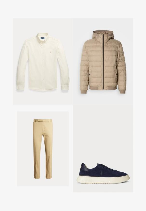 Casaco puffer bege com costura horizontal, capuz, fecho frontal com zíper, bolsos laterais com botões de pressão e punhos e bainha canelados.; Camisa de botão de manga longa em tom creme com colarinho abotoado e pequeno logótipo bordado da Polo Ralph Lauren no peito.; Chinos caqui feitos de um tecido de algodão suave, com um design ajustado, pregas frontais e punhos no tornozelo para um visual afinado.; Sapatilha baixa em camurça azul-marinho com uma superfície texturizada, sola de borracha e atacadores tonais, apresentando um pequeno logótipo de lado e no calcanhar.