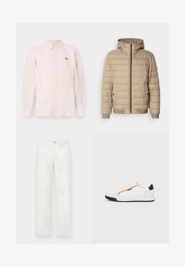 Beige dunjakke med horisontale sømmer, hette, frontlukking med glidelås, sidelommer med trykknapper, og ribbestrikkede mansjetter og kant.; Lyserød skjorte med lange ærmer, kravehals og en sort logo detalje på brystet. Fremstillet af letvægtsstof.; Hvite denimjeans med rette ben, knapp- og glidelås-lukking, fem-lommers design og uten synlige mønstre eller detaljer.; Hvite sporty sko med mesh- og lærdetaljer. Har en gull "BOSS"-logo, teksturerte sidepaneler og en svart hælbru. Gummisåle.