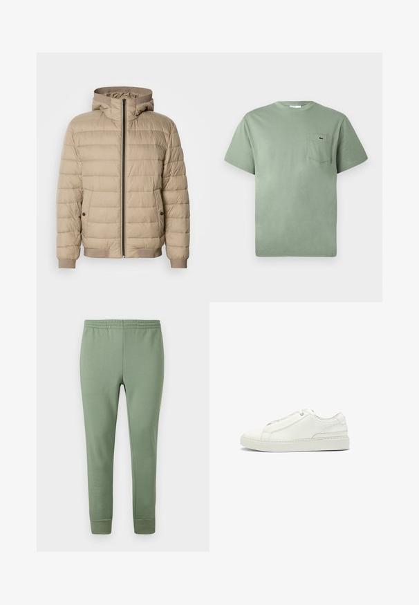 Beige pufferjack met horizontale stiksels, een capuchon, ritssluiting aan de voorkant, zijzakken met drukknoopsluitingen en ribgebreide manchetten en zoom.; Lichtgroene katoenen T-shirt met korte mouwen en een borstzak, voorzien van een klein geborduurd krokodillenlogo.; Lichtgroene joggingsbroek van zachte stof, met een elastische tailleband, taps toelopende pijpen en ribbels aan de enkels.; Witte leren sneaker met een gestructureerde bovenkant, een ronde neus, minimalistisch ontwerp en een rubberen zool met gestikte details.