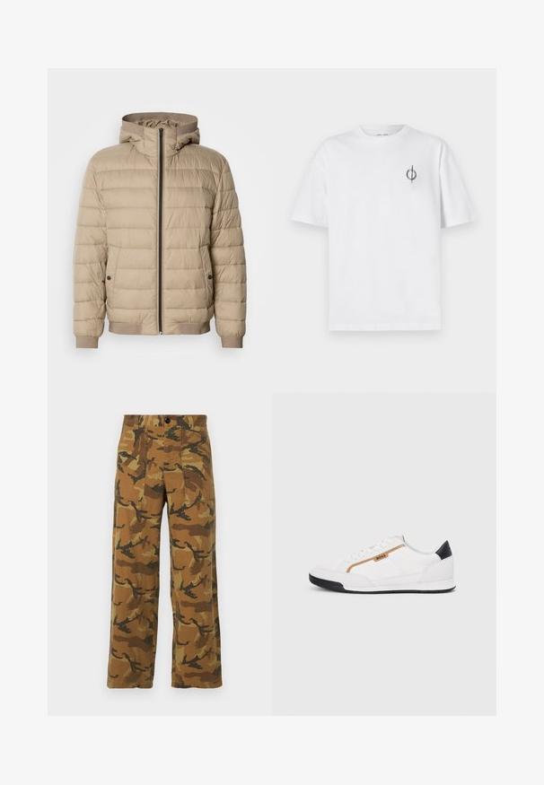 Beige puffer jacket with horizontal stitching, a hood, front zipper closure, side pockets with snap buttons, and ribbed cuffs and hem.; White cotton t-shirt with a relaxed fit, featuring a small black graphic logo on the left chest area. Short sleeves, crew neck style.; Camo-patterned cargo pants in brown and green hues, made of lightweight fabric, featuring four pockets and a button closure.; White athletic shoes with mesh and leather accents. Features a gold "BOSS" logo, textured side panels, and a black heel cap. Rubber sole.