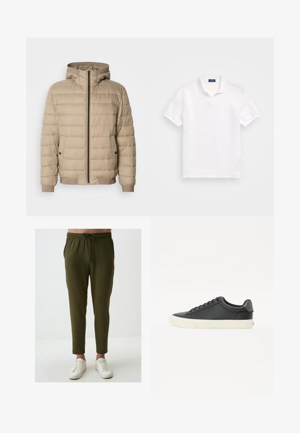 Beżowa kurtka puchowa z poziomym przeszyciem, kapturem, zapięciem na zamek z przodu, bocznymi kieszeniami zapinanymi na napy oraz ściągaczami przy mankietach i u dołu.; Biała koszulka polo z bawełny, z klapką na dwa guziki, krótkimi rękawami i subtelnym logo na lewej piersi. Gładka tekstura.; Oliwkowe dresy wykonane z miękkiego materiału, z elastycznym pasem ze sznurkiem, zwężanym krojem i bocznymi kieszeniami.; Czarne skórzane sneakersy z fakturowanym wykończeniem, białą gumową podeszwą, okrągłym noskiem i zielonym akcentem na pięcie. Sznurowanie na sześć oczek.