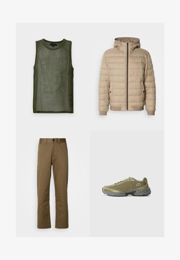 Beige színű puffernadrág, vízszintes varrással, kapucnival, elöl cipzáras záródással, oldalsó zsebekkel, amelyek snap gombbal záródnak, valamint bordás mandzsettákkal és aljjal.; Olíva zöld hálós ujjatlan felső kerek nyakkivágással, melynek anyaga textúrált, rácsos mintázattal.; Barna, egyenes szárú nadrág szövetből készült. Jellemzői a gombos záródás, oldalsó zsebek és a sima textúra. Testhez simuló szabás.; Olíva zöld sportcipők, texturált hálós felsőrésszel, lekerekített orral és szürke gumitalppal. Oldalán egy kis hímzett logó található.