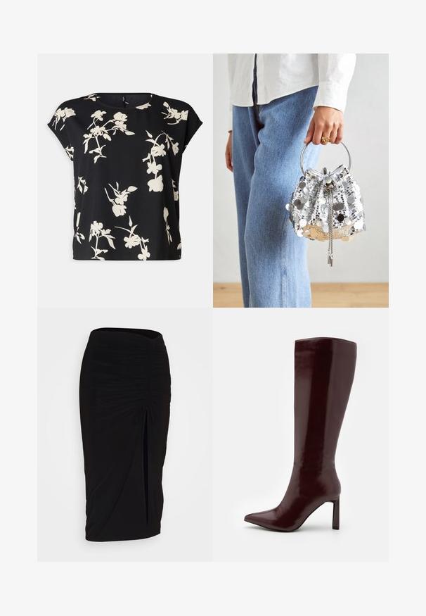 Schwarzer Kunstfellmantel mit Reverskragen, Knopfverschluss und entspannter Silhouette. Glatte Textur mit langen Ärmeln und seitlichen Taschen.; Vero Moda Curve VMNEWHALLIE NEW - T-Shirt print - black/paya; Schwarzer, geraffter Bleistiftrock mit Bindegürtel und seitlichem Schlitz. Hergestellt aus einem dehnbaren Stoff, mit glatter Textur und figurschmeichelndem Design.; Even&Odd Stiefel - dark red; Silberne Paillettentasche im Eimer-Stil mit einem runden metallischen Henkel; verfügt über einen Kordelzugverschluss und Kettenakzente, vor einem Hintergrund aus hellblauem Denim und weißem Stoff.; Goldfarbene Halskette mit einer dünnen Kette und einem V-förmigen Anhänger. Elegantes Design mit einer glatten, polierten Oberfläche und minimaler Detailgestaltung.