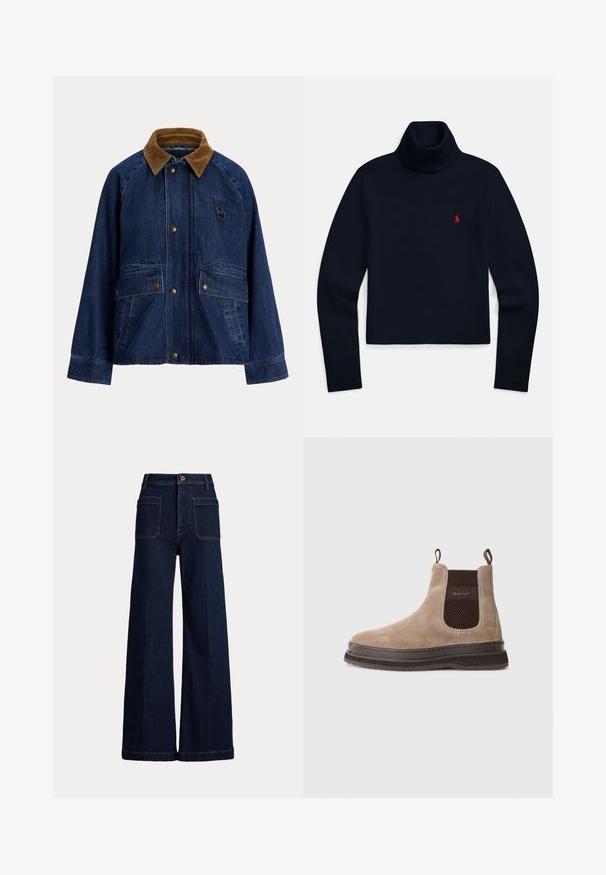 Denimjakk pruunist vaetud kraega, ees tõmblukuga, kaks suurt pealset taskut ja väike rõngasdetail rinnal.; Tumesinine pika varrukaga kõrge kaelusega kampsun, millel vasakul rinnal on väike punane tikitud logo.; Laiad tumed sinised teksapüksid kõrgema vöökohaga, viie tasku disainiga ja kontrastsete õmblustega. Omab nööbiga sulgemist ja struktureeritud lõiget.; Beež nahast ankle Chelsea saapad tumeda pruunide elastsete külgpaneelide ja tõmbenukkidega, brändiga "GANT", paksu kummi tallaga.